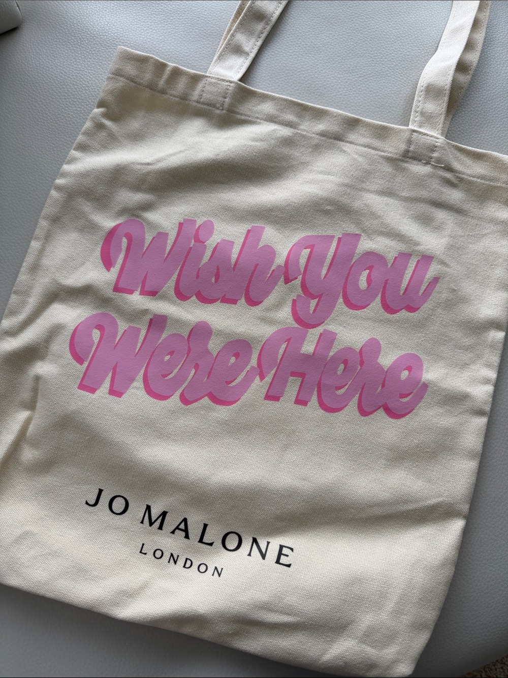 Jo Malone Cream Canvas Tote with Pink 'Wish You Were Here' Script